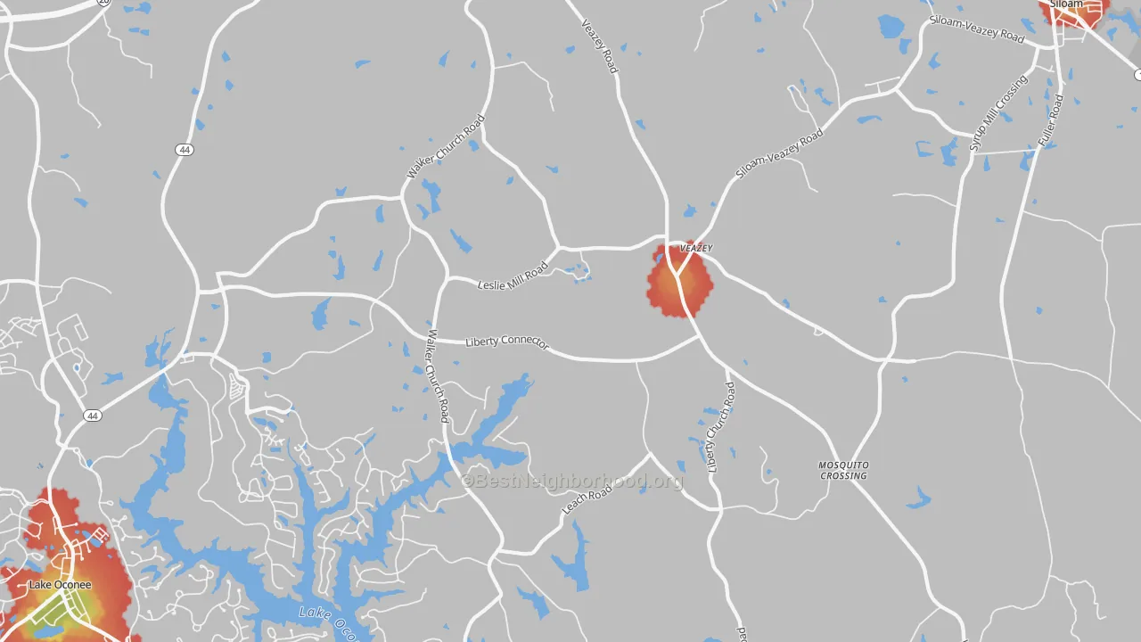 Walk Grade map of Veazey, GA, walkable areas in green and car-dependent areas in red