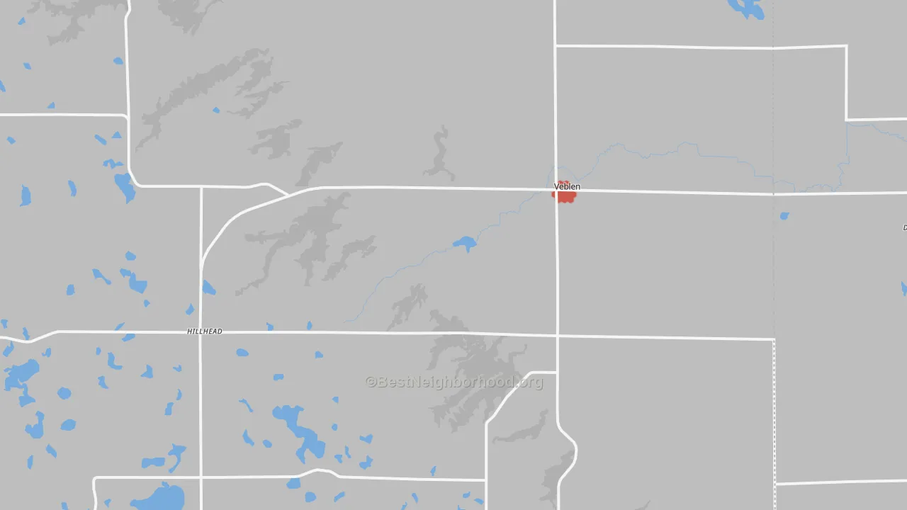 Walk Grade map of Veblen, SD, walkable areas in green and car-dependent areas in red