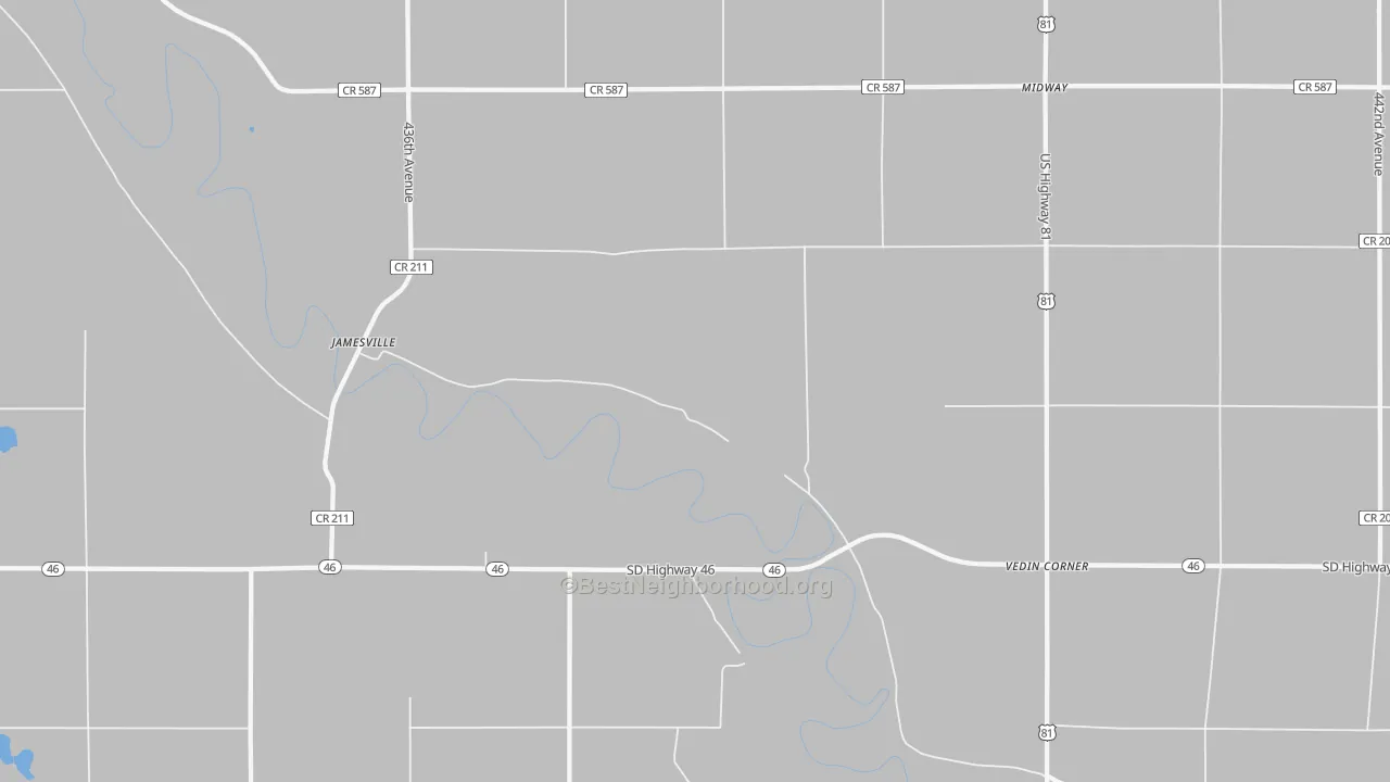Walk Grade map of Vedin Corner, SD, walkable areas in green and car-dependent areas in red