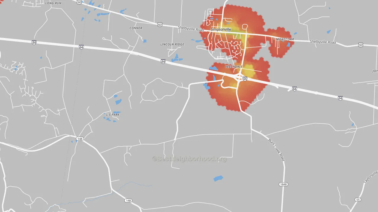 Walk Grade map of Veechdale, KY, walkable areas in green and car-dependent areas in red