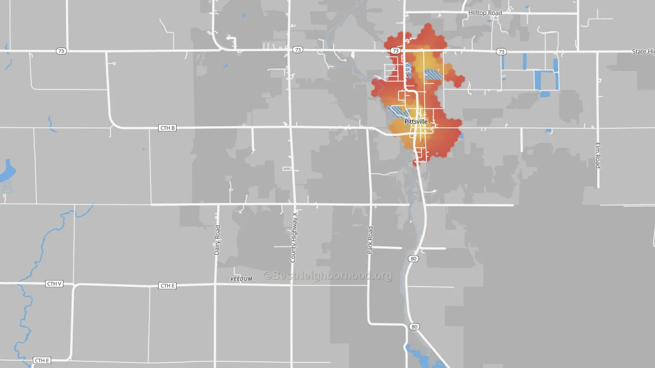 Walk Grade map of Veedum, WI, walkable areas in green and car-dependent areas in red