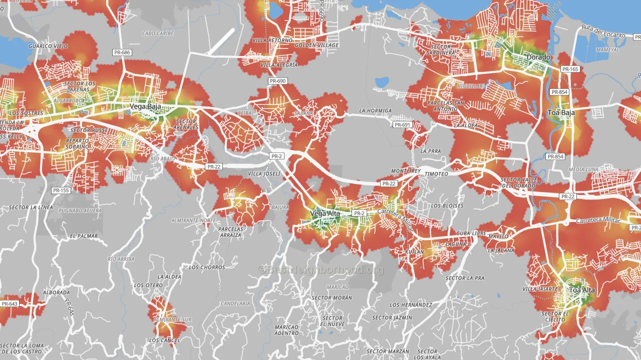 Walk Grade map of Vega Alta Municipio, PR, walkable areas in green and car-dependent areas in red