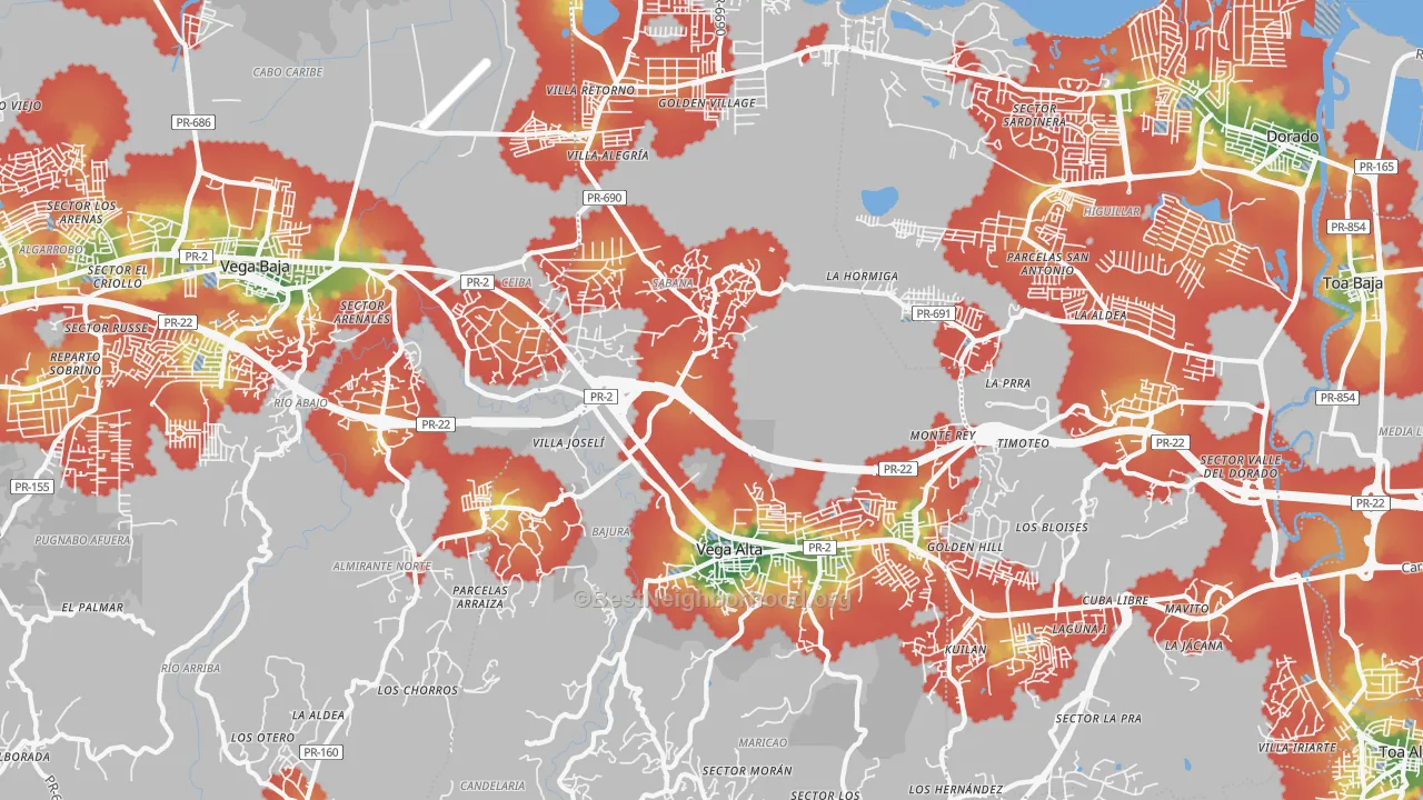 Walk Grade map of Vega Alta, PR, walkable areas in green and car-dependent areas in red