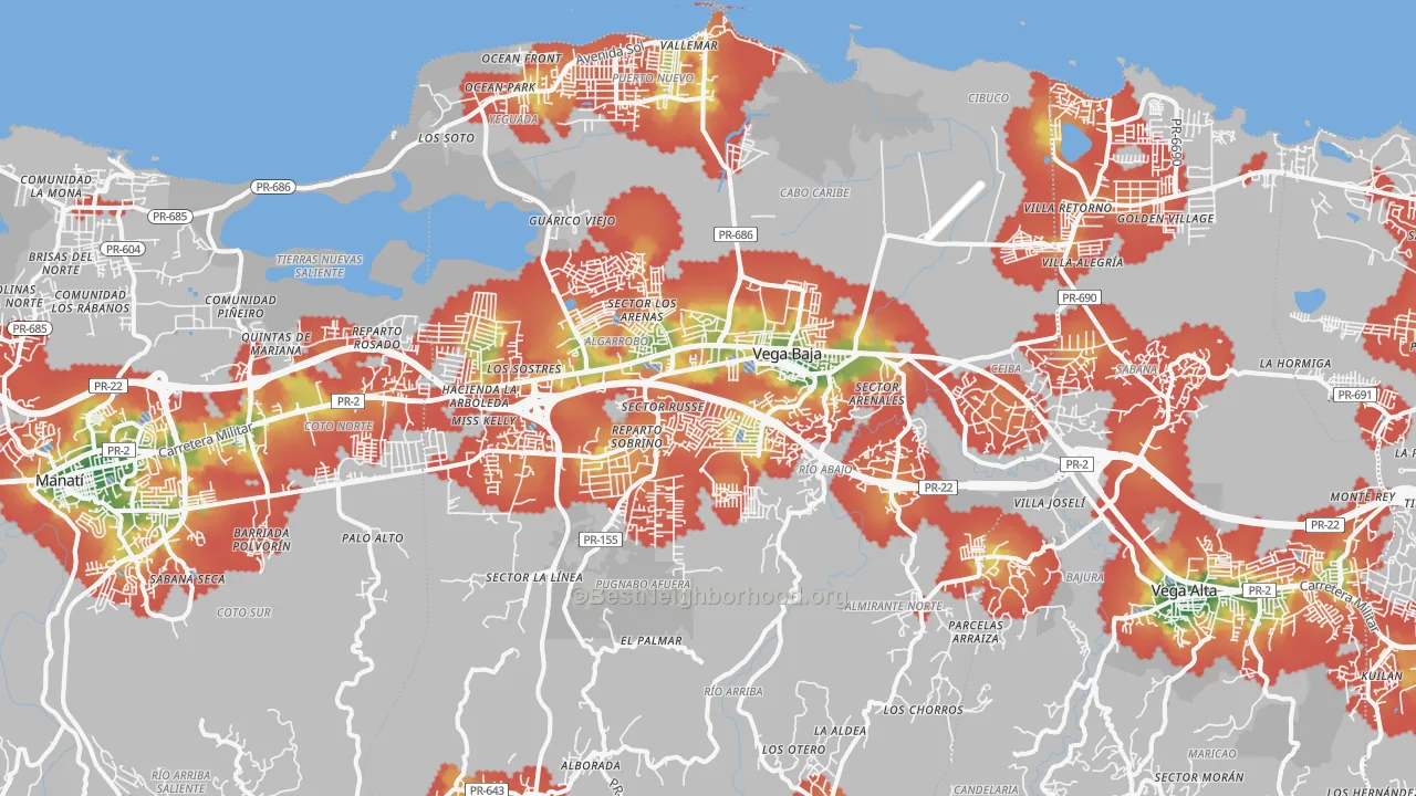 Walk Grade map of Vega Baja Municipio, PR, walkable areas in green and car-dependent areas in red