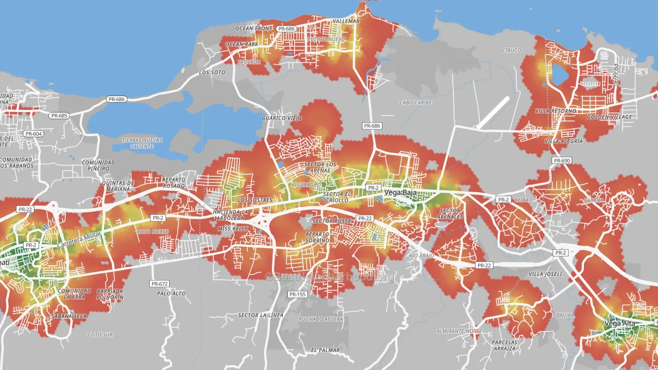 Walk Grade map of Vega Baja, PR, walkable areas in green and car-dependent areas in red