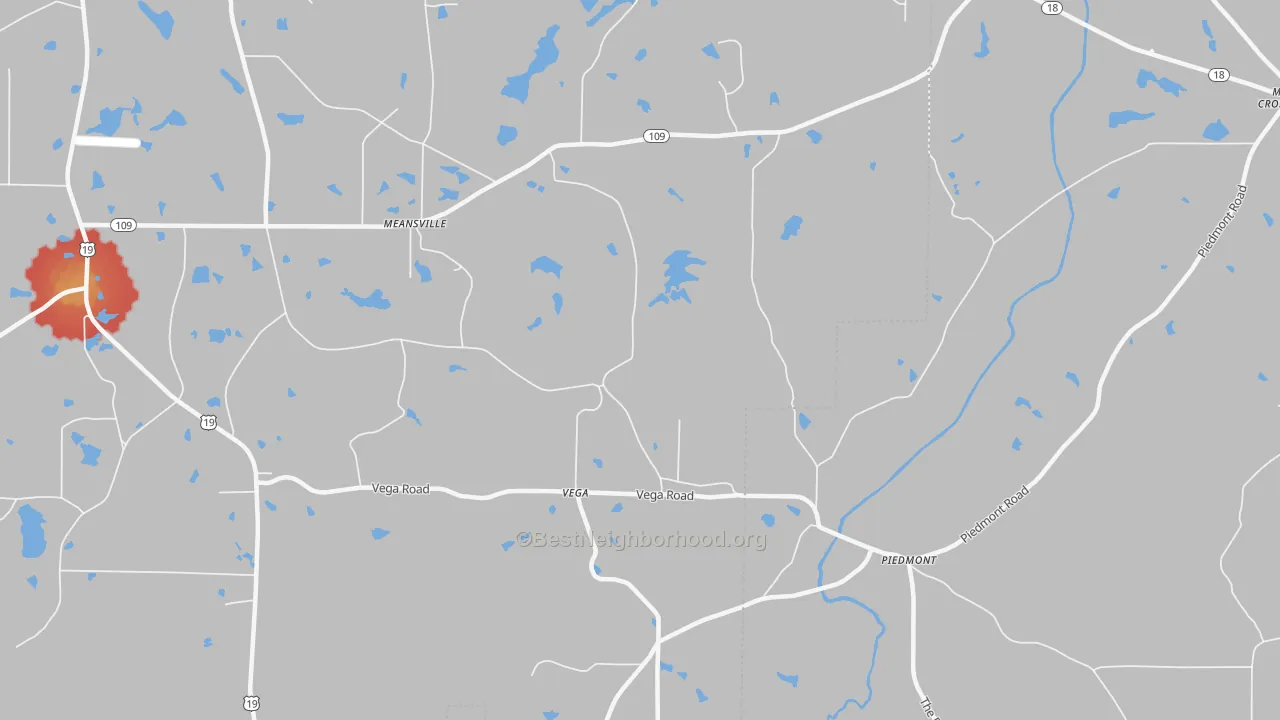 Walk Grade map of Vega, GA, walkable areas in green and car-dependent areas in red