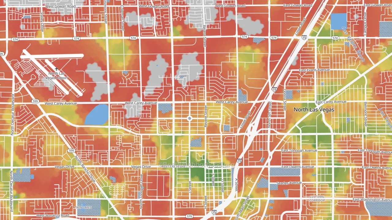 Walk Grade map of Vegas Heights, North Las Vegas, NV, walkable areas in green and car-dependent areas in red