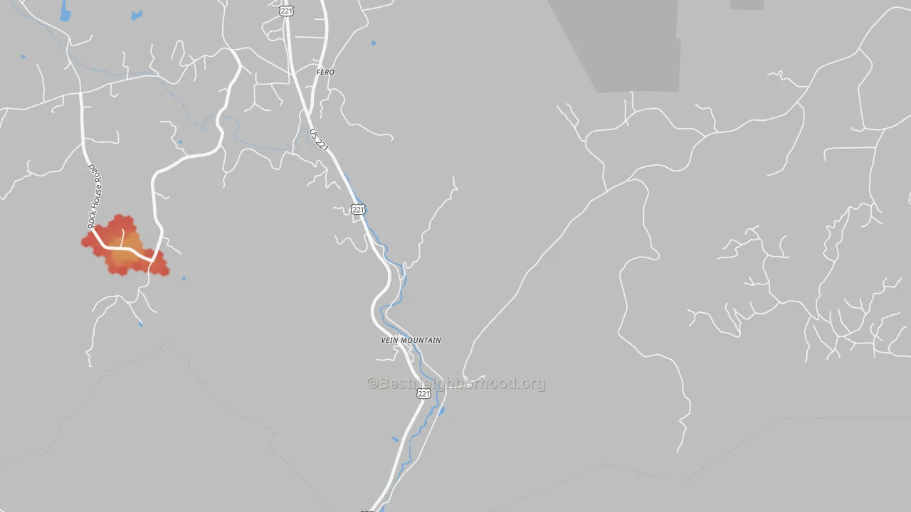 Walk Grade map of Vein Mountain, NC, walkable areas in green and car-dependent areas in red