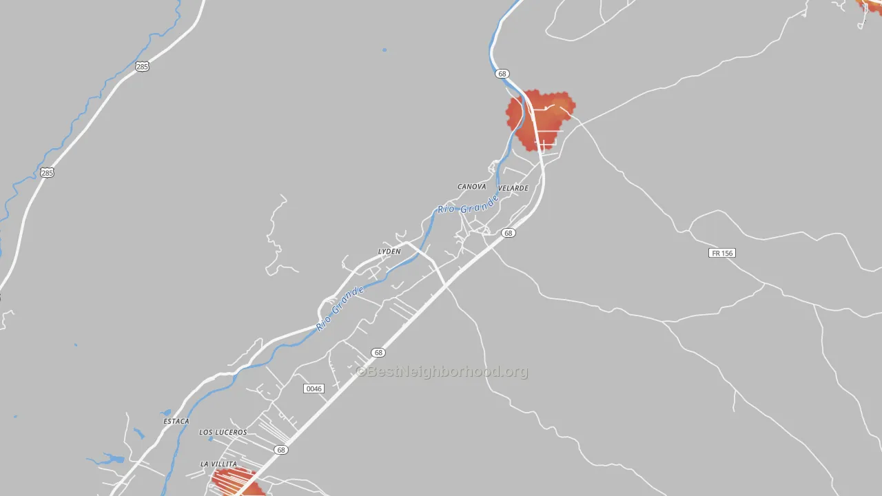 Walk Grade map of Velarde, NM, walkable areas in green and car-dependent areas in red