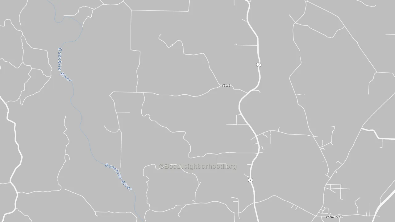 Walk Grade map of Velie, AR, walkable areas in green and car-dependent areas in red