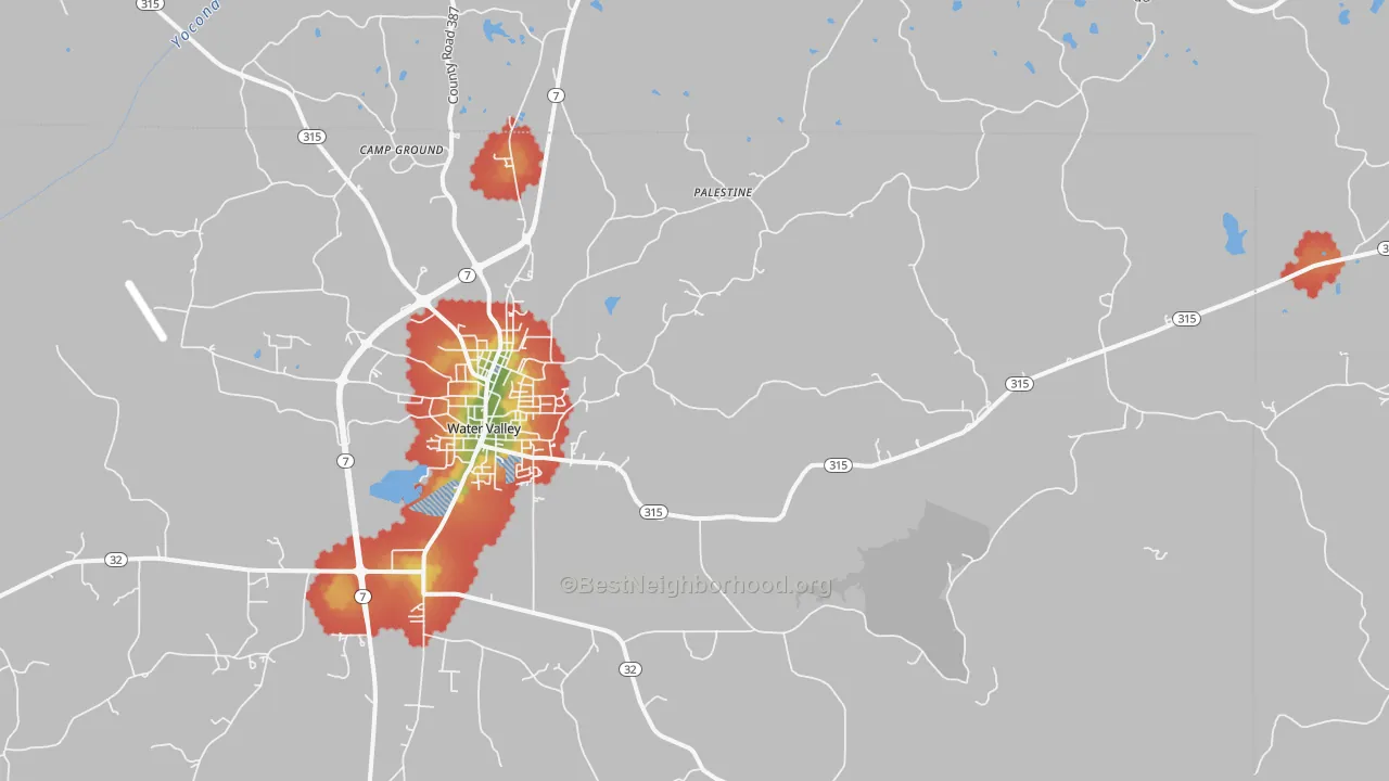 Walk Grade map of Velma, MS, walkable areas in green and car-dependent areas in red