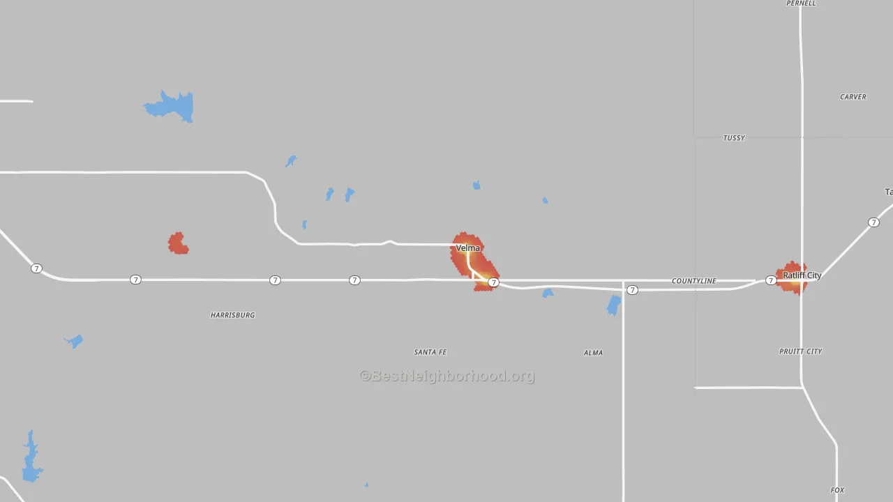 Walk Grade map of Velma, OK, walkable areas in green and car-dependent areas in red