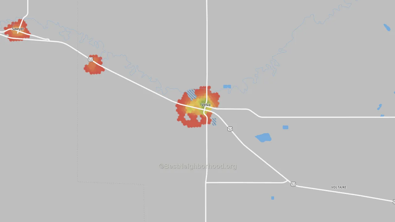 Walk Grade map of Velva, ND, walkable areas in green and car-dependent areas in red