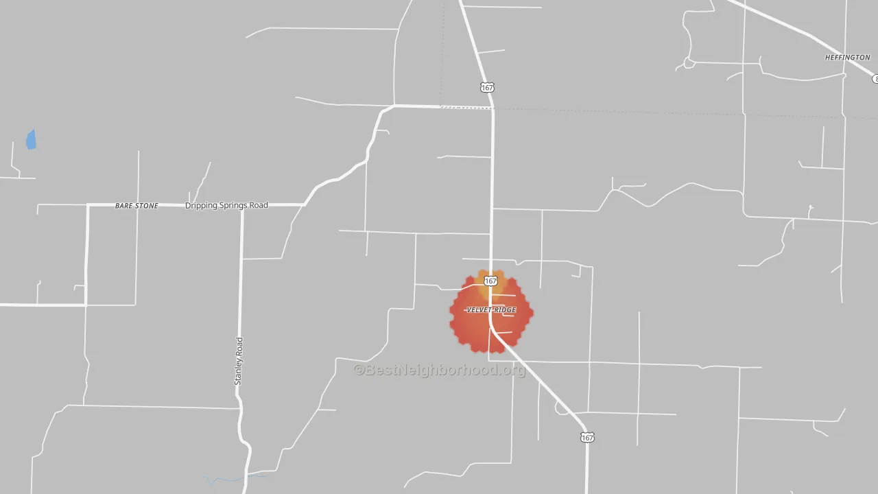 Walk Grade map of Velvet Ridge, AR, walkable areas in green and car-dependent areas in red