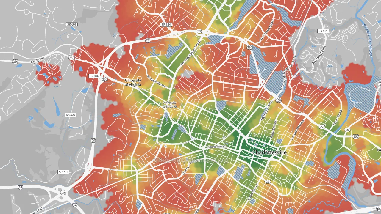 Walk Grade map of Venable, Charlottesville, VA, walkable areas in green and car-dependent areas in red