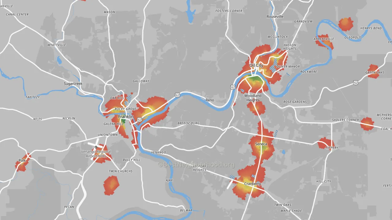 Walk Grade map of Venango County, PA, walkable areas in green and car-dependent areas in red
