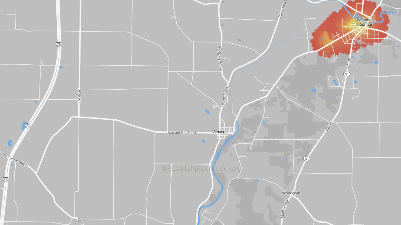Walk Grade map of Venango, PA, walkable areas in green and car-dependent areas in red