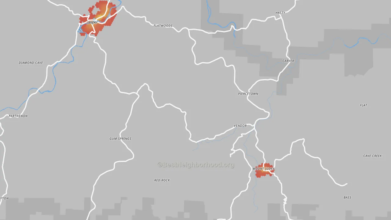 Walk Grade map of Vendor, AR, walkable areas in green and car-dependent areas in red