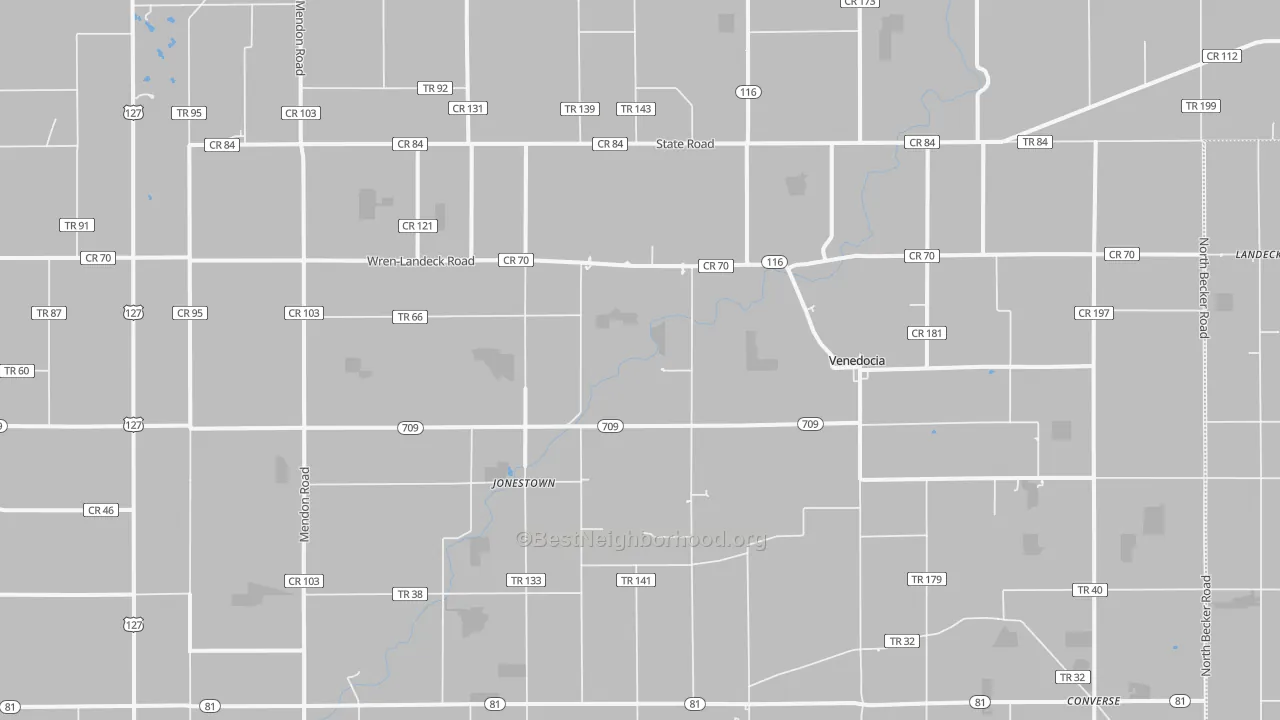 Walk Grade map of Venedocia, OH, walkable areas in green and car-dependent areas in red