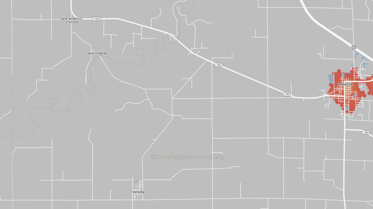 Walk Grade map of Venedy, IL, walkable areas in green and car-dependent areas in red