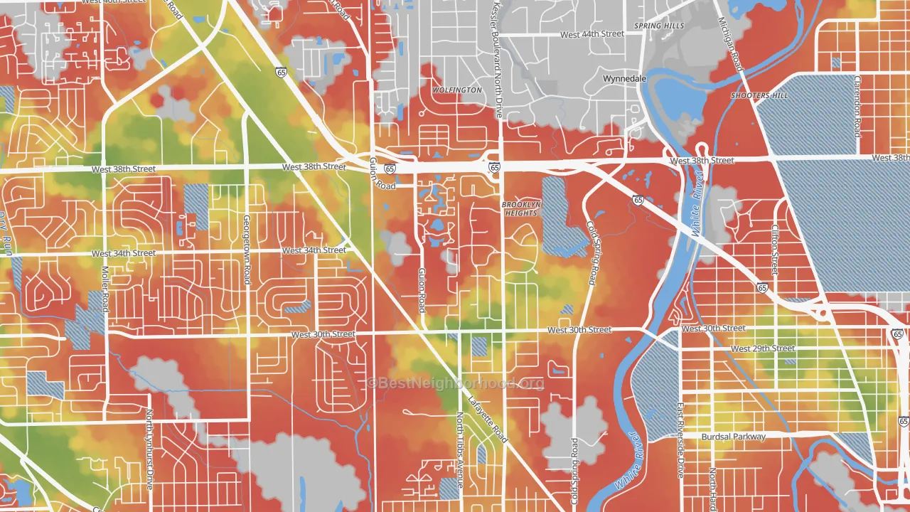 Walk Grade map of Venerable Flackville, Indianapolis, IN, walkable areas in green and car-dependent areas in red