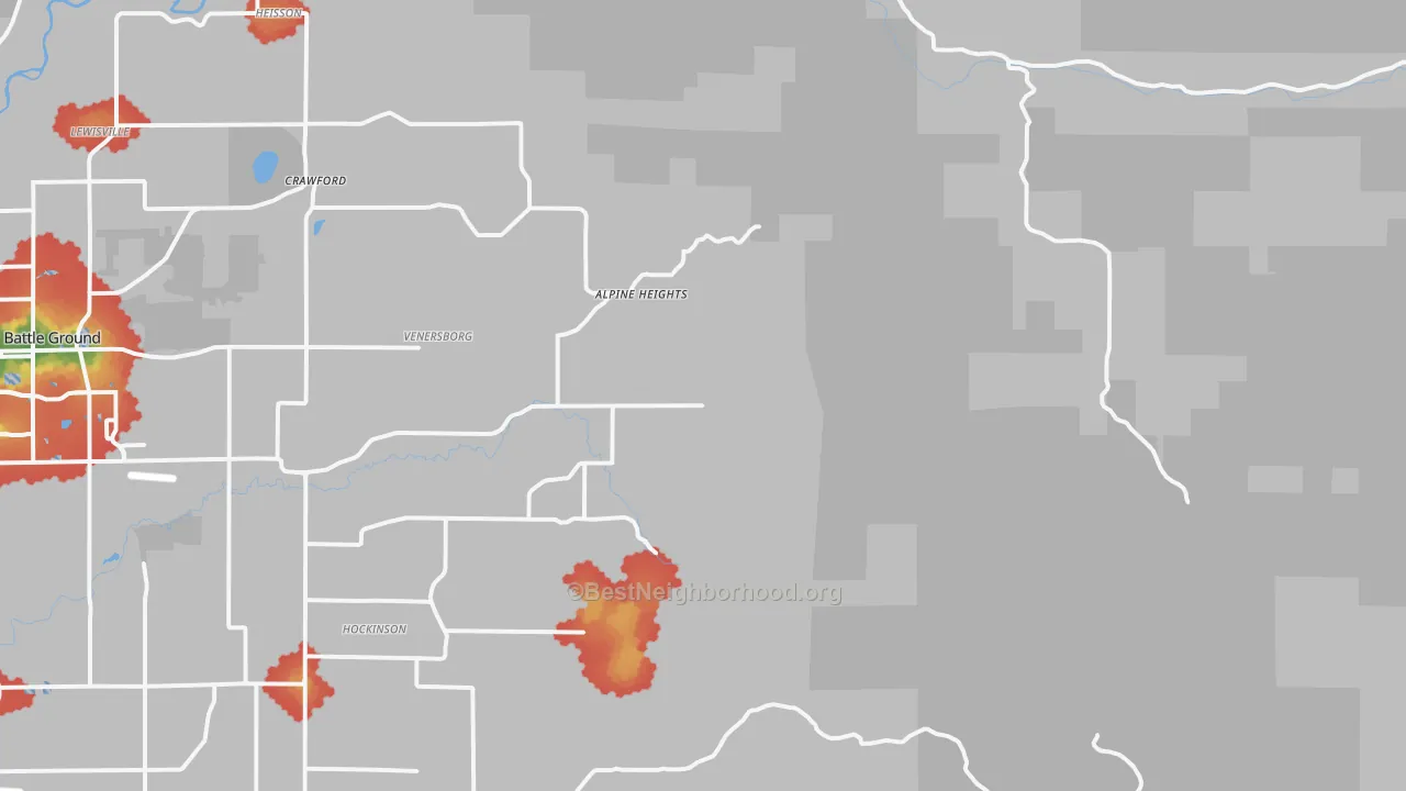 Walk Grade map of Venersborg, WA, walkable areas in green and car-dependent areas in red