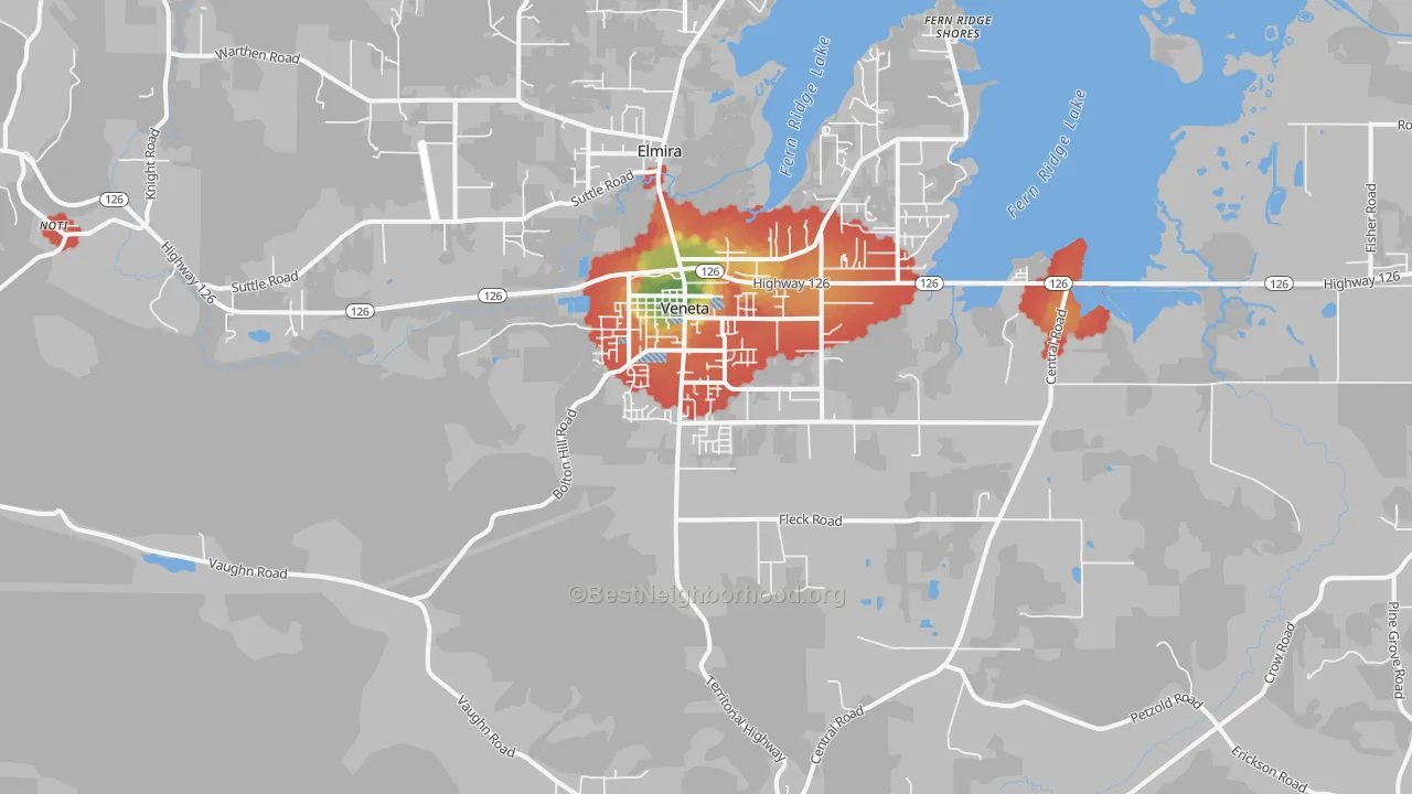 Walk Grade map of Veneta, OR, walkable areas in green and car-dependent areas in red