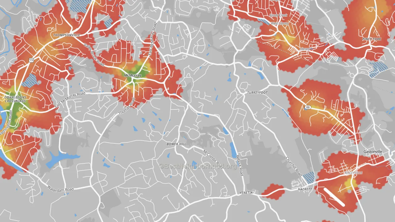 Walk Grade map of Venetia, PA, walkable areas in green and car-dependent areas in red