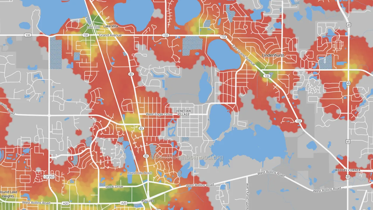 Walk Grade map of Venetian Village, IL, walkable areas in green and car-dependent areas in red