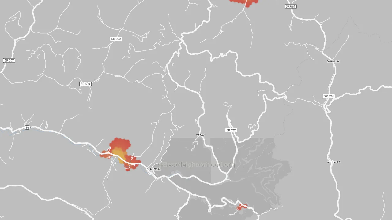Walk Grade map of Venia, VA, walkable areas in green and car-dependent areas in red