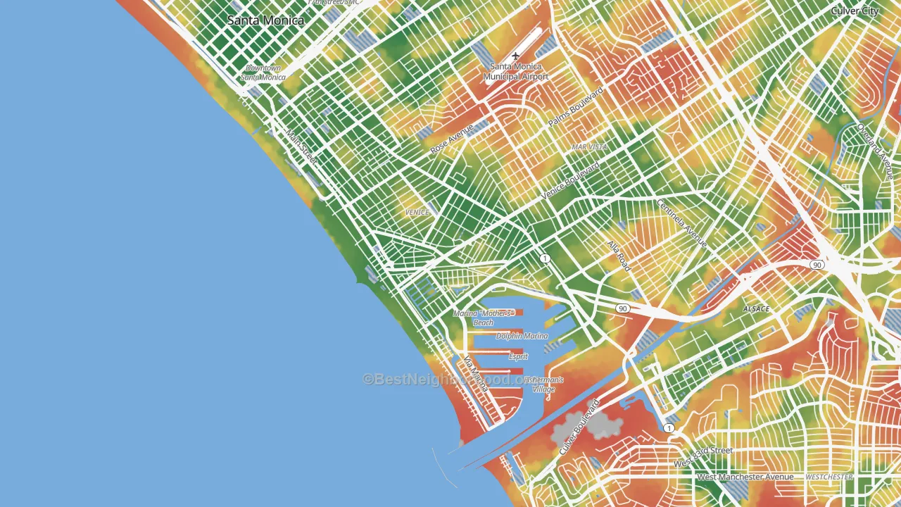 Walk Grade map of Venice, CA, walkable areas in green and car-dependent areas in red