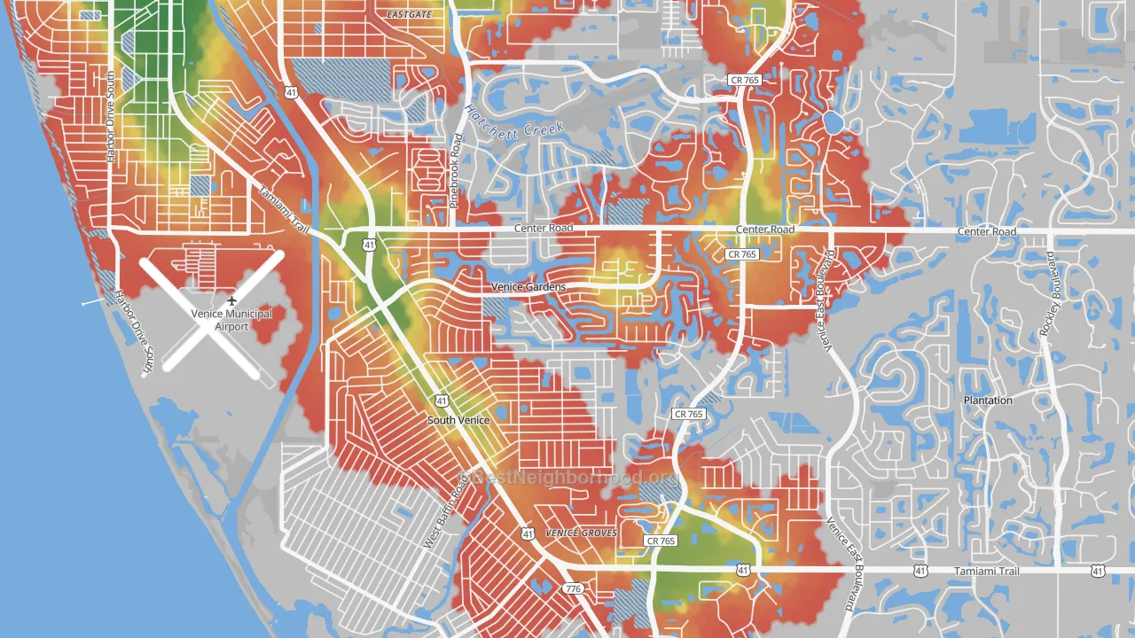 Walk Grade map of Venice Gardens, FL, walkable areas in green and car-dependent areas in red