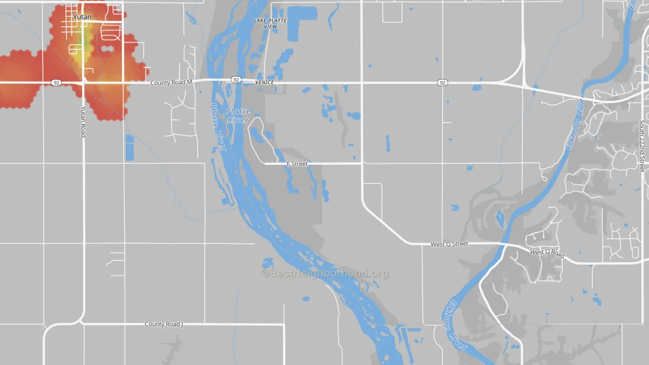 Walk Grade map of Venice, NE, walkable areas in green and car-dependent areas in red