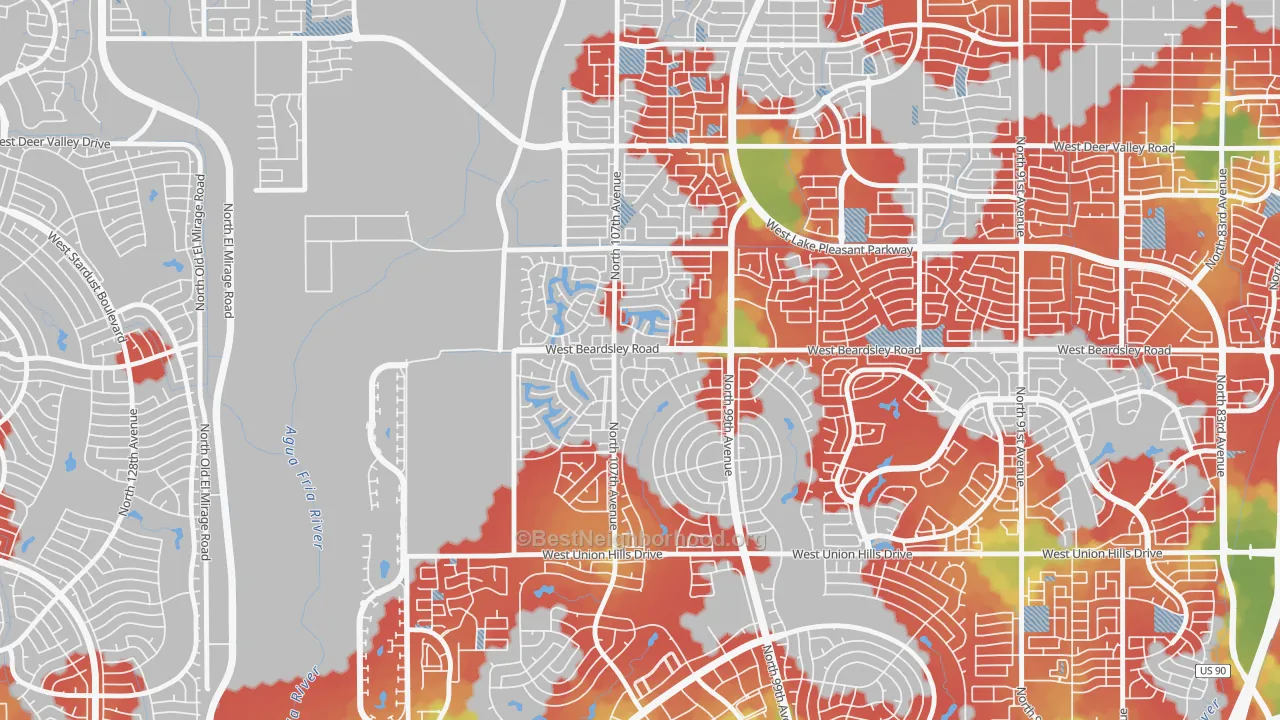 Walk Grade map of Ventana Lakes, Peoria, AZ, walkable areas in green and car-dependent areas in red