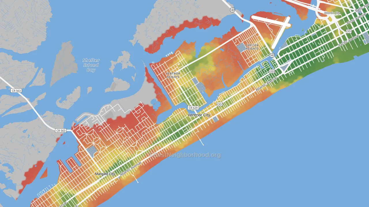 Walk Grade map of Ventnor City, NJ, walkable areas in green and car-dependent areas in red
