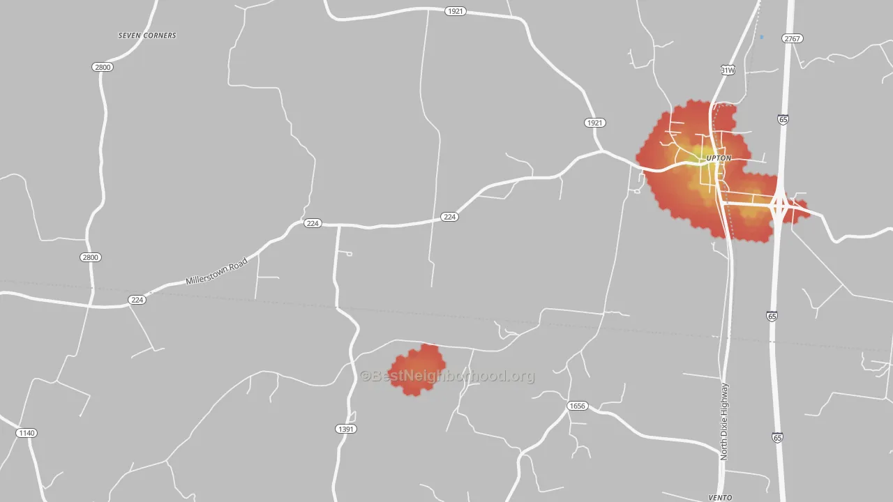 Walk Grade map of Vento, KY, walkable areas in green and car-dependent areas in red
