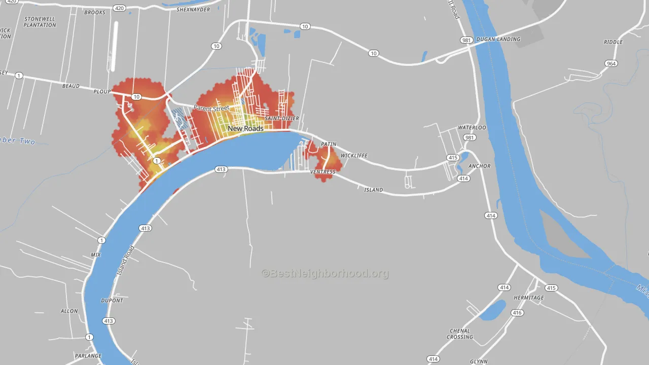 Walk Grade map of Ventress, LA, walkable areas in green and car-dependent areas in red
