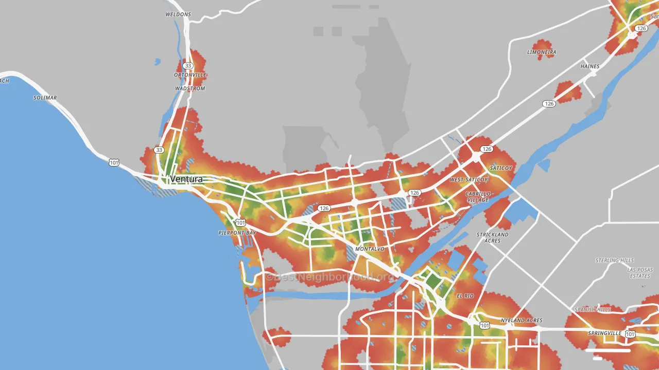 Walk Grade map of Ventura, CA, walkable areas in green and car-dependent areas in red