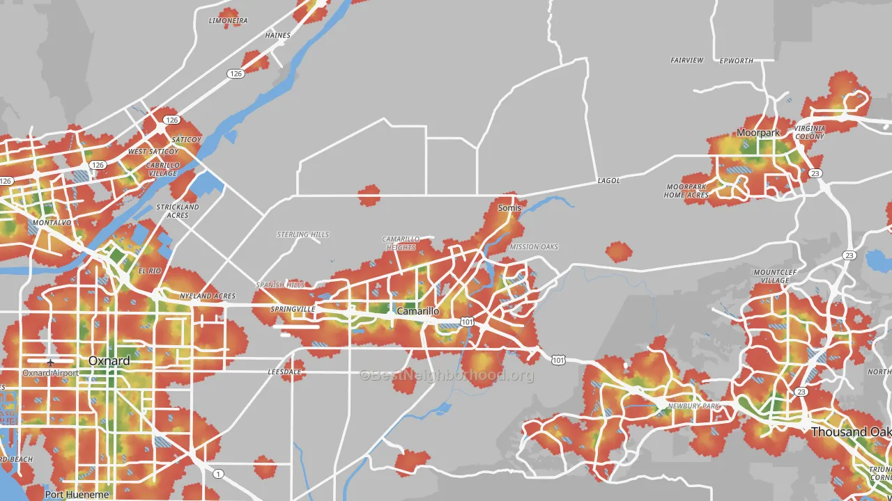 Walk Grade map of Ventura County, CA, walkable areas in green and car-dependent areas in red