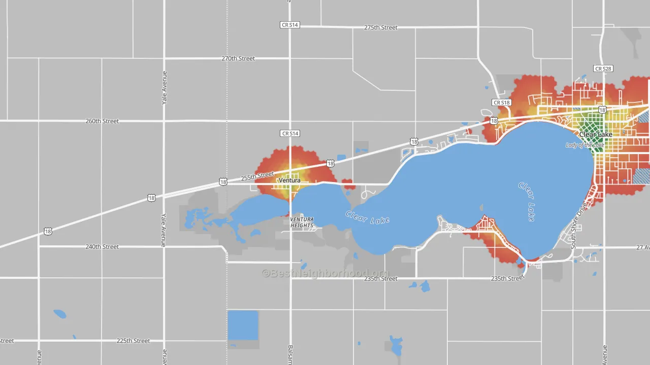 Walk Grade map of Ventura, IA, walkable areas in green and car-dependent areas in red