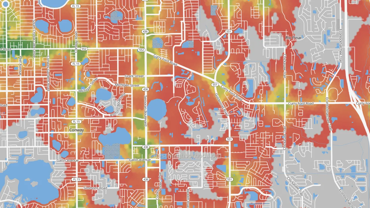 Walk Grade map of Ventura, Orlando, FL, walkable areas in green and car-dependent areas in red