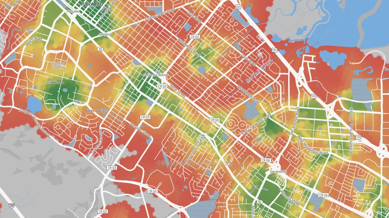 Walk Grade map of Ventura, Palo Alto, CA, walkable areas in green and car-dependent areas in red