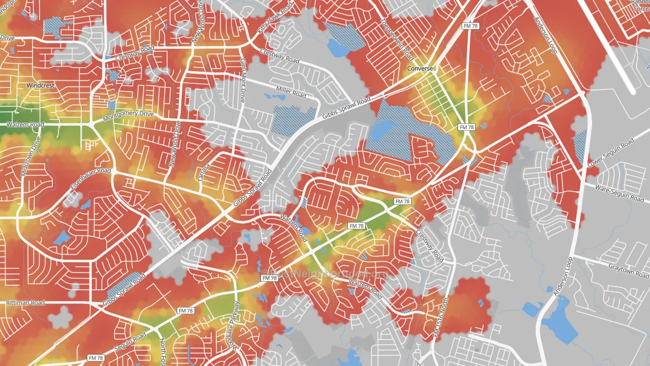Walk Grade map of Ventura, San Antonio, TX, walkable areas in green and car-dependent areas in red