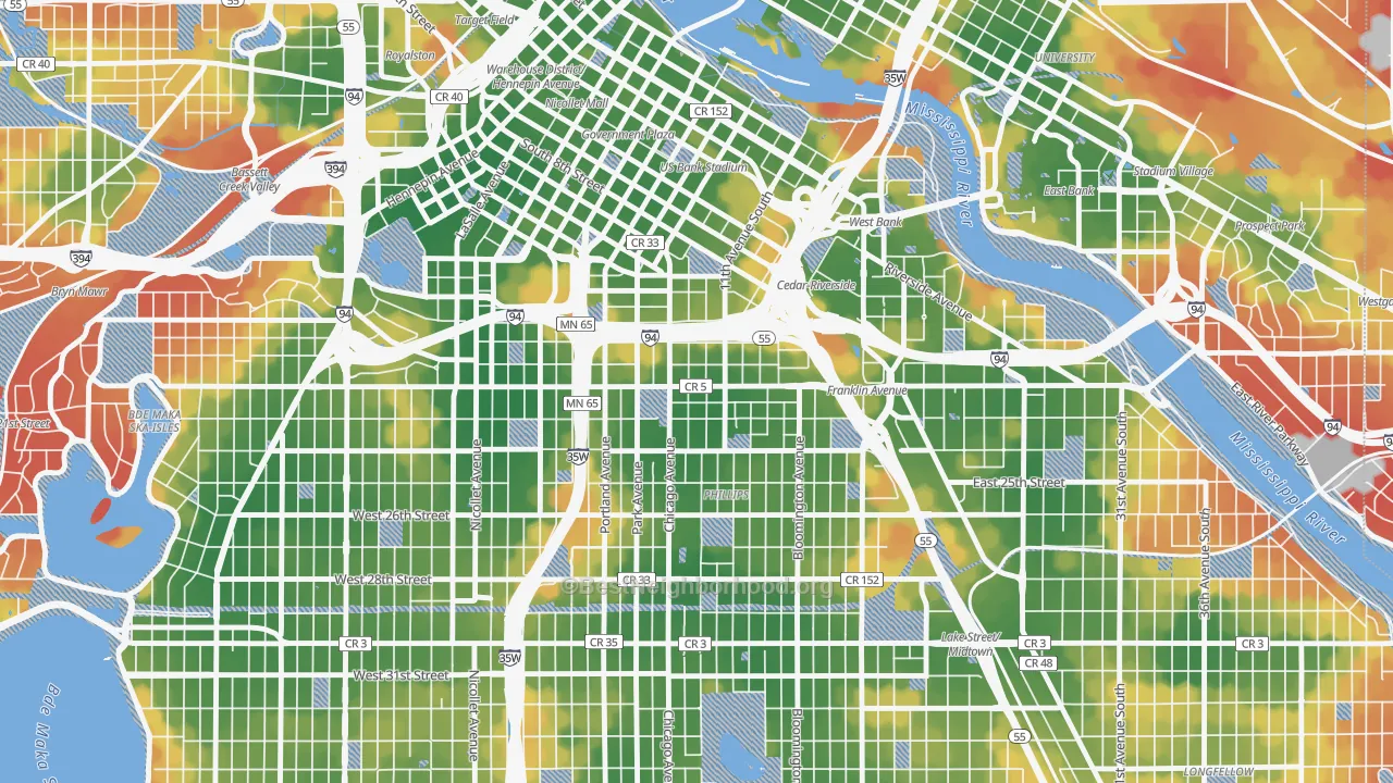 Walk Grade map of Ventura Village, Minneapolis, MN, walkable areas in green and car-dependent areas in red