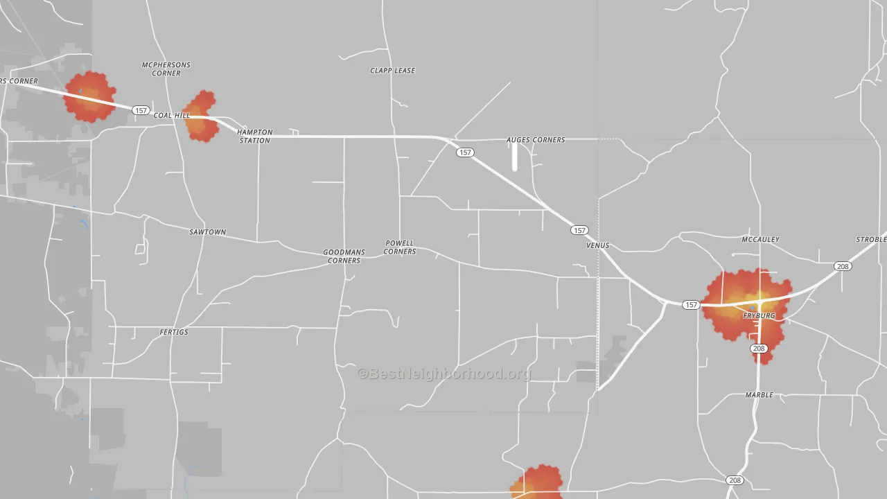 Walk Grade map of Venus, PA, walkable areas in green and car-dependent areas in red