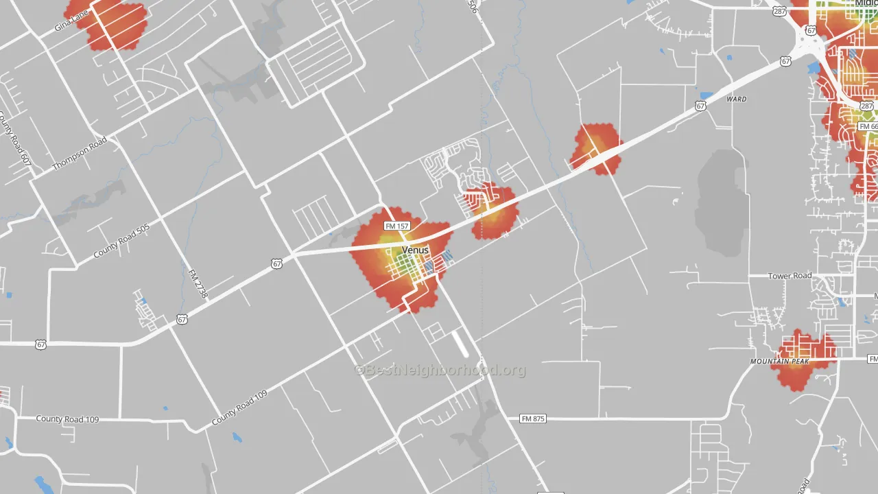 Walk Grade map of Venus, TX, walkable areas in green and car-dependent areas in red
