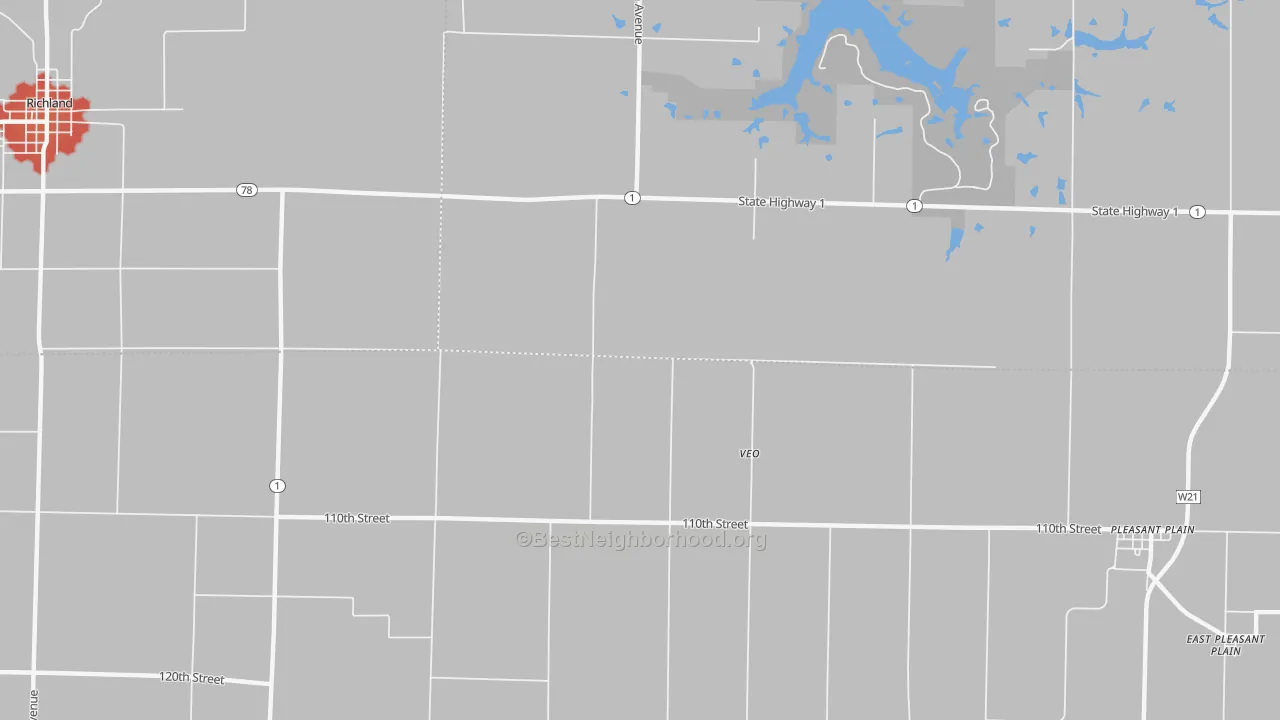 Walk Grade map of Veo, IA, walkable areas in green and car-dependent areas in red