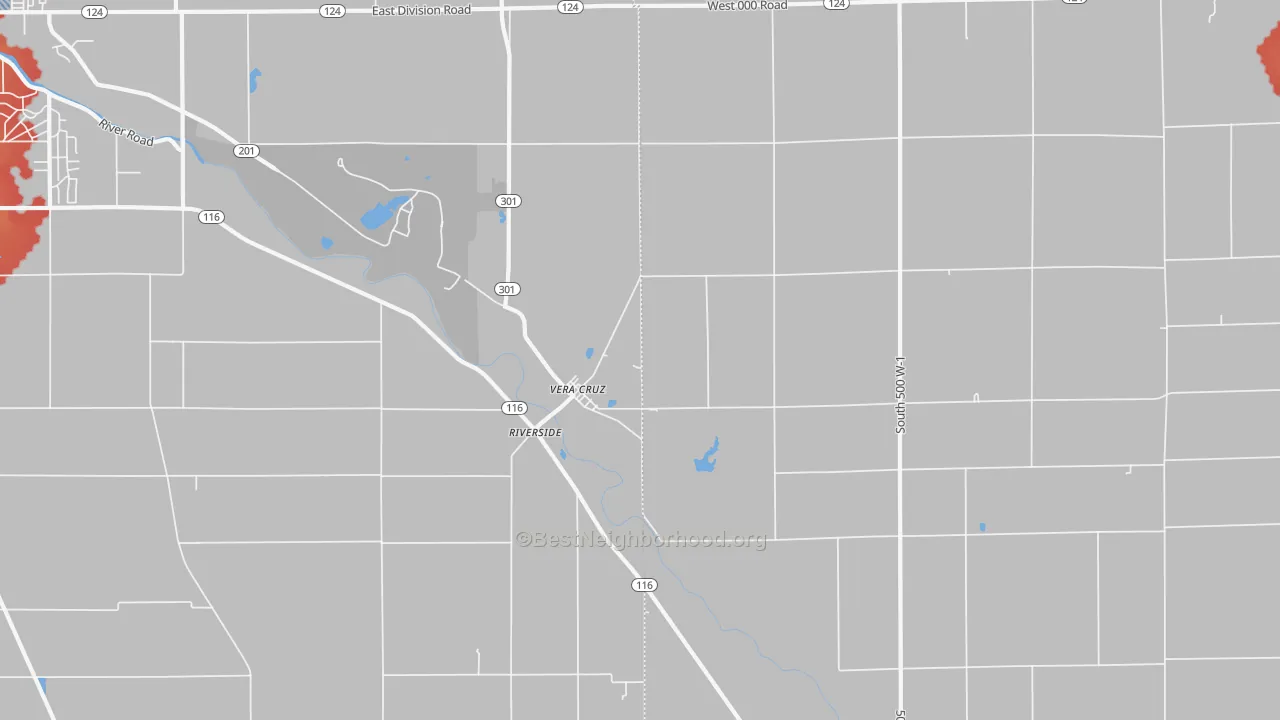 Walk Grade map of Vera Cruz, IN, walkable areas in green and car-dependent areas in red