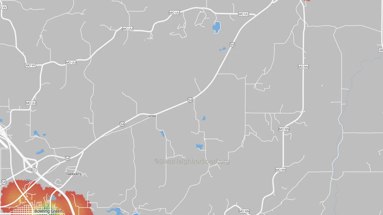 Walk Grade map of Vera, MO, walkable areas in green and car-dependent areas in red