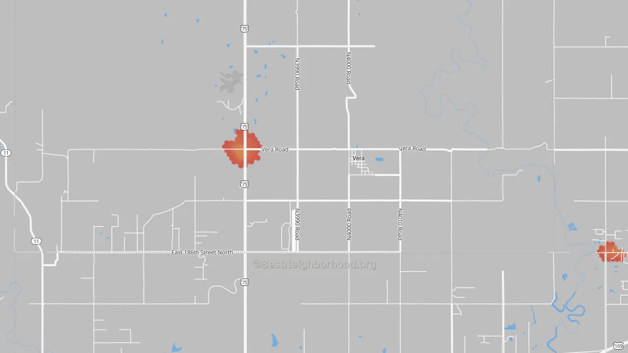Walk Grade map of Vera, OK, walkable areas in green and car-dependent areas in red